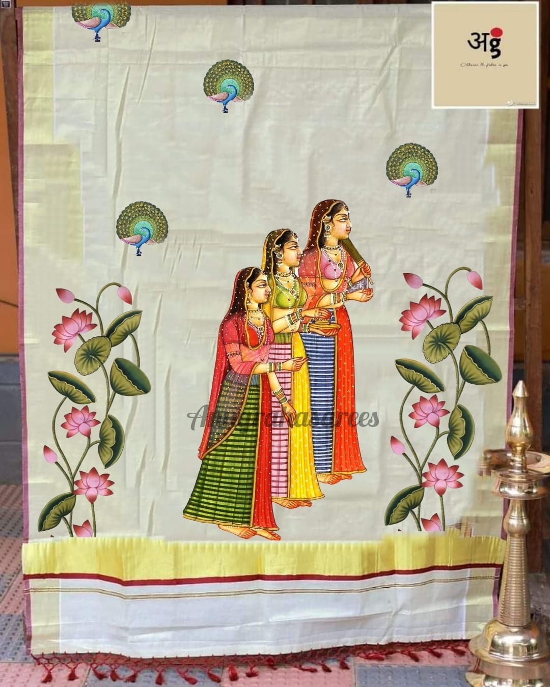 PJ-Radha Krishnan Hand Painted Kerala cotton saree_KCADI033 –  Paarijaatham.com